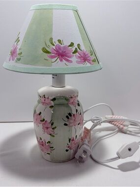 Vintage Pink Floral Ceramic Table Lamp with Green Shade - Home Accents Decor NEW